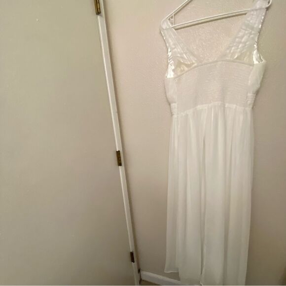 White V-Neck formal Evening wedding Dress maxi gown Floor Length XL 12-14 - Picture 7 of 15